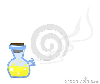 Chemistry reaction. Smoking two neck flask with yellow liquid Stock Photo