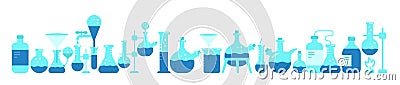 Chemistry science horizontal banner. Blue chemicals. Laboratory research. Medical tests. Vector Illustration