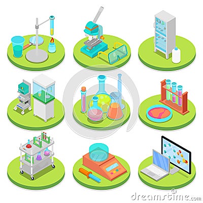 Chemistry Science Lab Isometric. Pharmaceutics, Research Experiment, Chemical Technology Vector Illustration