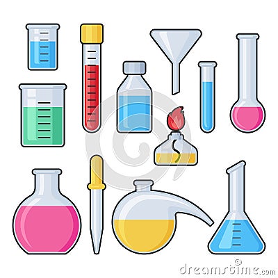 Chemistry science laboratory test glass tube and flask vector set Vector Illustration