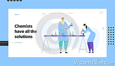 Chemistry Scientists Conducting Experiment in Science Laboratory, Man Holding Flasks Woman Technician Look Vector Illustration