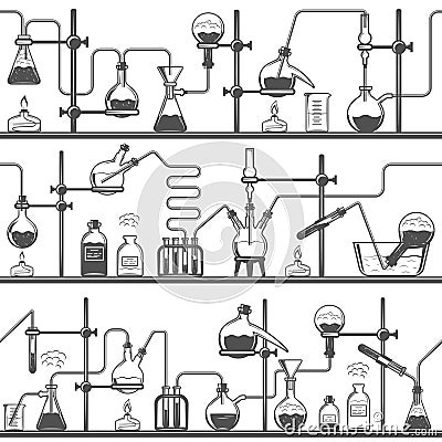 Chemistry seamless pattern with formulas and laboratory equipment. Science background Vector Illustration