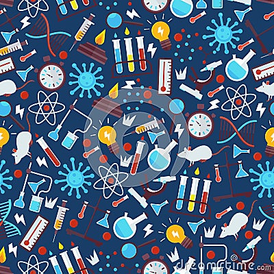 Chemistry seamless pattern, vector illustration. Laboratory research icons in flat style, chemical glassware emblems Vector Illustration