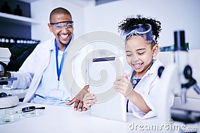 Chemistry, tablet and father with child in laboratory for medical research, science and education. Healthcare, medicine Stock Photo
