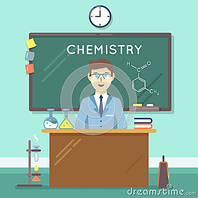 Chemistry teacher in classroom. Vector flat education background Vector Illustration
