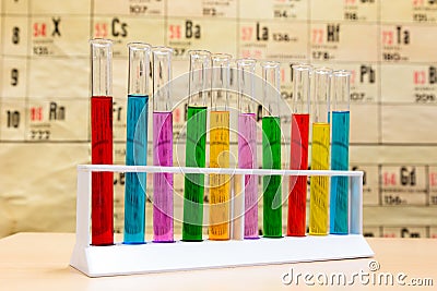 Chemistry test tubes with different colored liquids Stock Photo