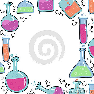 Chemistry Test tubes vector outlined sketch round frame. Kids Education illustration in thin line color doodle style. Set of Hand Vector Illustration