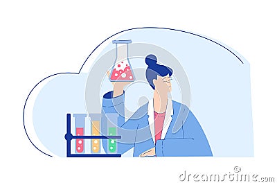 Chemistry with Woman Scientist Character with Glass Tube Vector Illustration Vector Illustration