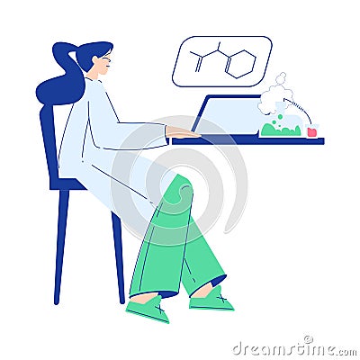 Chemistry with Woman Scientist Character Sitting with Laptop at Desk Vector Illustration Vector Illustration