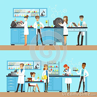 Chemists In The Chemical Research Laboratory Doing Experiments And Running Chemical Tests Vector Illustration