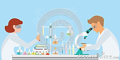 Chemists doing experiments and running chemical tests isolated on blue background Vector Illustration