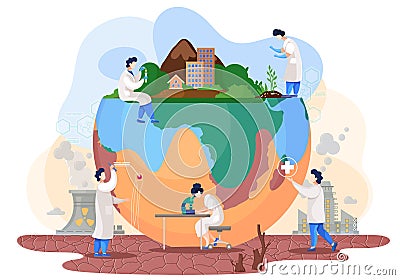 Chemists experimenting with the planet. Scientists conduct research using a microscope and reagents Vector Illustration