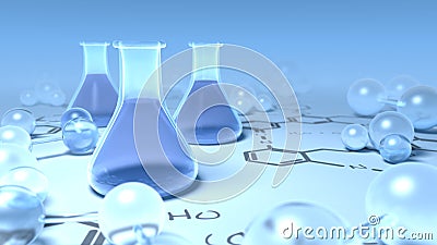 Chemisty flasks surrounded with molecules Stock Photo