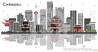 Chengdu China Skyline with Gray Buildings and Reflections Isolated on White Stock Photo