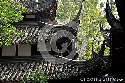 Chengdu, China: Wenshu Temple Flying Eave Roofs Stock Photo