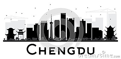 Chengdu City skyline black and white silhouette. Cartoon Illustration
