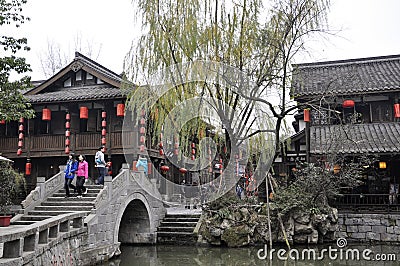 Chengdu - Jinli traditional bridge and chinese lantern Editorial Stock Photo