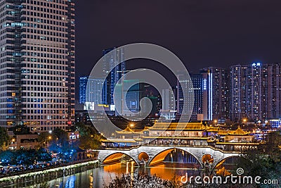 Chengdu Anshun bridge and Jingjiang river at night Editorial Stock Photo