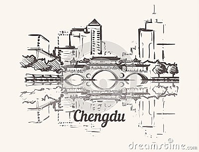 Chengdu skyline hand drawn. Anshun Bridge Dongmen Cartoon Illustration