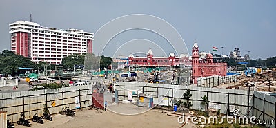 Chennai, India - December 27th â€Ž2020 : Ariel View Of Dr MGR Central Railway Station Building and People and Vehicles Move In Editorial Stock Photo