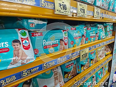 Chennai, India - February 10th 2022: Baby Care Pamper and Diapers Products buy one get one offer on Walmart Shop. Baby Pamper and Editorial Stock Photo