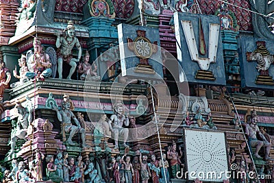 The wall of Sri Parthasarathy Temple with colorful hindu sculptures Editorial Stock Photo