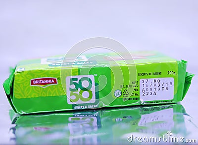 Beautiful view of Britannia Crackers 50-50 Sweet & Salty Cookies or biscuit in a green cover pack Editorial Stock Photo