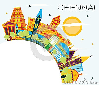 Chennai India Skyline with Color Landmarks, Blue Sky and Copy Sp Stock Photo