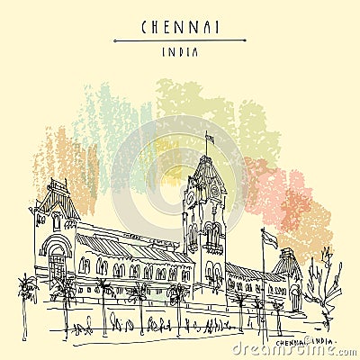 Chennai Madras, Tamil Nadu, India. Central railway station. Hand drawn postcard Vector Illustration