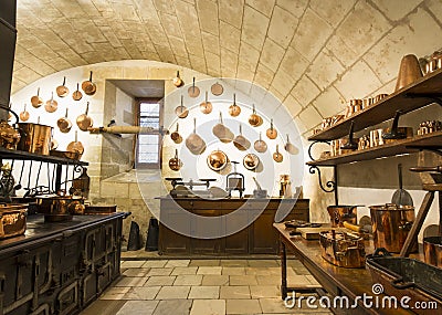 Chenonceaux castle interior, view of kitchen Editorial Stock Photo