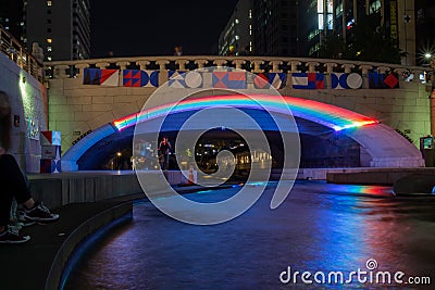 The Cheonggyecheon Stream at Gwangtonggyo Bridge at night, Seoul, South Korea Editorial Stock Photo