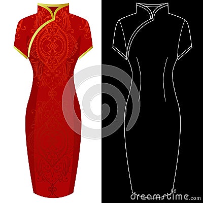 Cheongsam dress image with white outline silhouette on black Vector Illustration