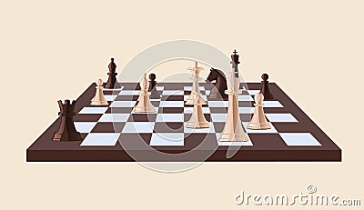 Chequered chessboard with black and white chess pieces on it isolated on light background. Strategy game, intelligent Vector Illustration