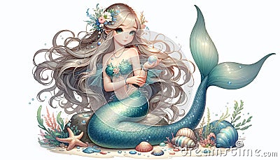 Cherish-Series: Serene Mermaid's Underwater Realm Cartoon Illustration