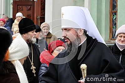 Metropolitan Epiphanius , the head of the united local Ukrainian Orthodox Church meeting with unidentified believers Editorial Stock Photo