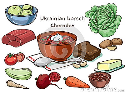 Chernihiv Ukrainian borsch ingredients vector set Vector Illustration