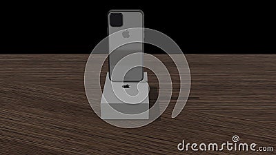 Chernivtsi, Ukraine - July 11, 2019: Apple iPhone 11 PRODUCT black and box on a wooden table. 4K. Editorial Stock Photo
