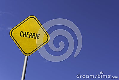 Cherrie - yellow sign with blue sky background Stock Photo