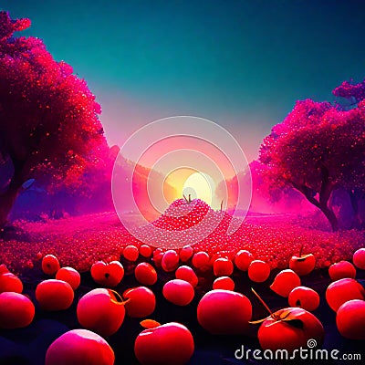 cherries on the background of a beautiful sunset. 3d rendering AI Generated Stock Photo