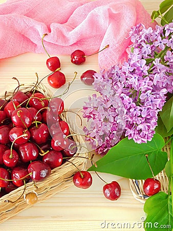 Cherries in a basket and a blooming branch of lilac Stock Photo