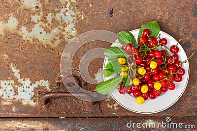 Cherries, fruit berries, harvest ripe and juicy fruits. top copy space. food background Stock Photo