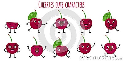 Cherries fruit cute funny cheerful characters with different poses and emotions Vector Illustration