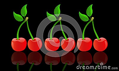 Cherries illustration on black background and its reflection Cartoon Illustration