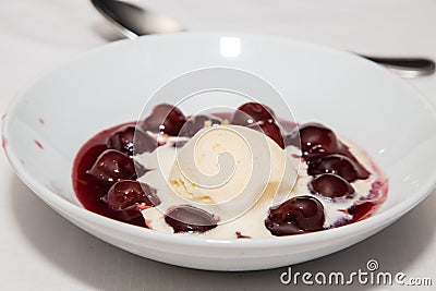 Cherries Jubilee and Ice Cream Stock Photo