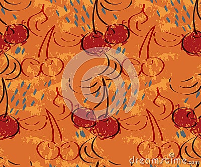 Cherries on orange grunge with blue dots Stock Photo