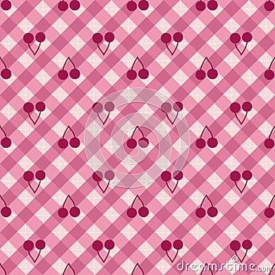 Cherries on pink gingham seamless vector pattern Vector Illustration