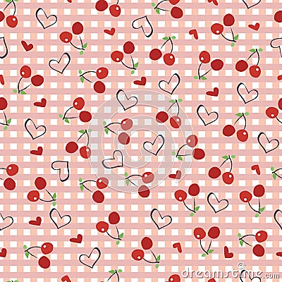 Cherries with plaid gingham print hearts seamless fabric design pattern Vector Illustration