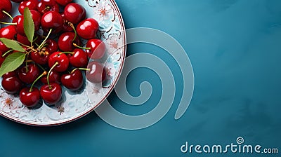 Cherries on plate. Top view. Free space for text. Food photography. Horizontal format, for advertising, banner, AI generated Stock Photo