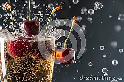 cherries plummeting into bubbly soda glass Stock Photo