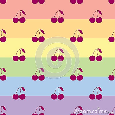 Cherries on rainbow background. Vector seamless pattern Vector Illustration